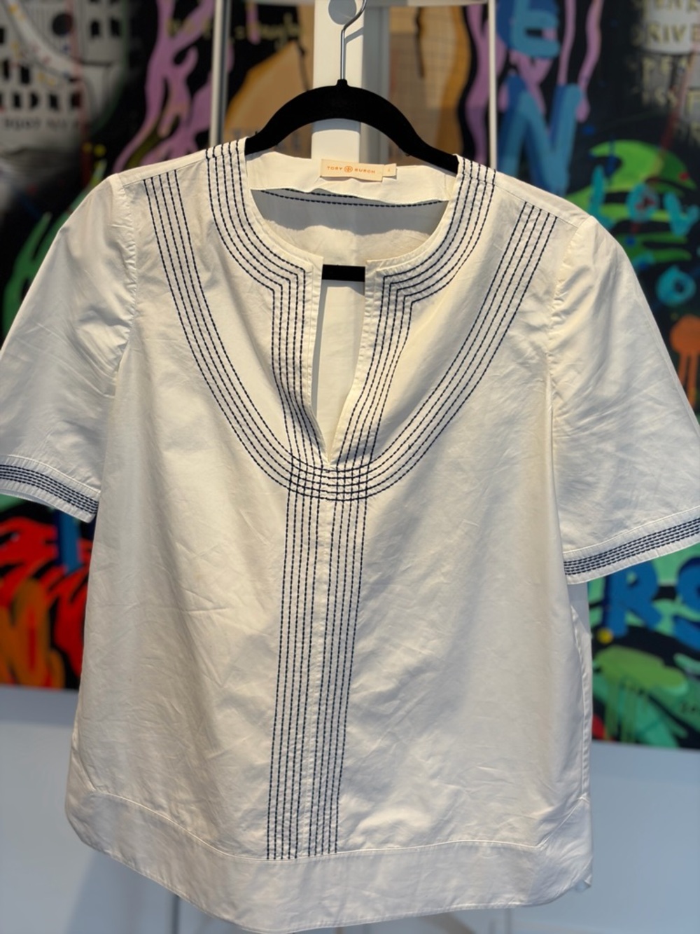 Tory Burch White Cotton Top with Navy Stitching